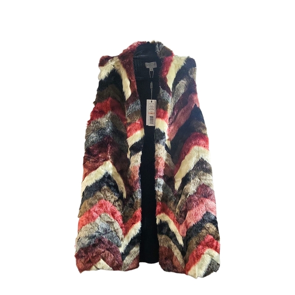 Joseph A Multicolor Longline Chevron Faux Fur Vest - Picture 1 of 13